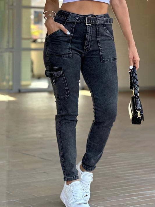 Women's Fashion Cargo Style Low-Rise Stretch Skinny Jeans, Retro Vintage-Inspired Denim Pants with Side Pockets, Slimming Streetwear Trousers, Casual Trendy Outfit