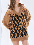 xakxx Original Long Sleeves Loose Hollow Solid Color V-Neck Sweater Tops