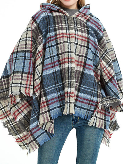 xakxx Fringed Hooded Keep Warm Plaid Cape Shawl&Cloak