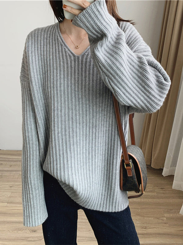 xakxx Casual Long Sleeves Loose Solid Color V-Neck Sweater Tops