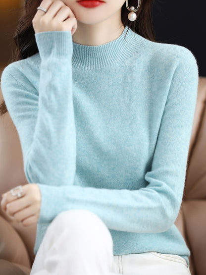 xakxx Office Long Sleeves Solid Color High-Neck Sweater Tops Pullovers