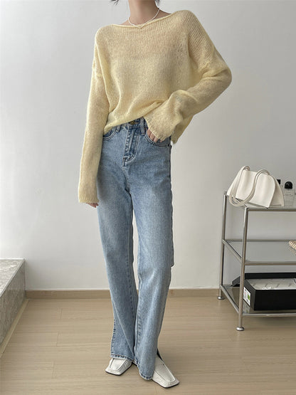 xakxx Gentle Mohair Knitted Loose Long Sleeves Solid Color Thin Sweater Tops