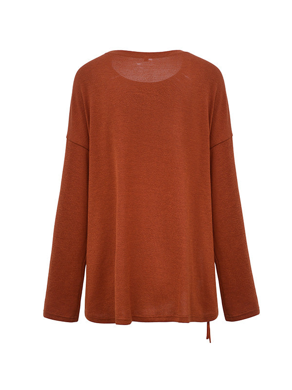 xakxx Long Sleeves Loose Asymmetric Drawstring Hollow Solid Color Round-Neck T-Shirts Tops