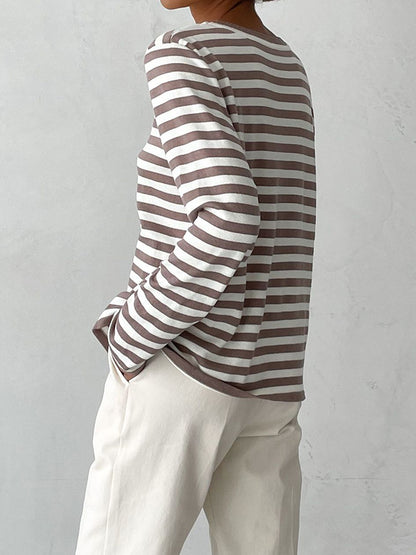 xakxx Long Sleeves Loose Split-Joint Striped Round-Neck Sweater Tops