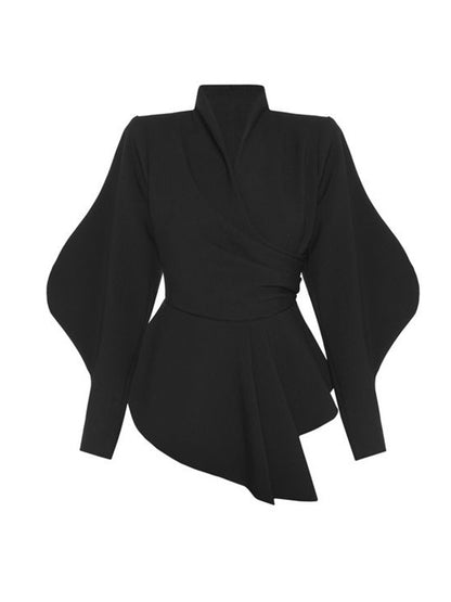 xakxx Long Sleeves Puff Sleeves Asymmetric Pleated Ruffled Solid Color V-Neck Blouses&Shirts Tops