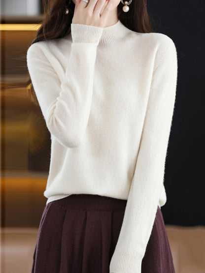 xakxx Office Long Sleeves Solid Color High-Neck Sweater Tops Pullovers