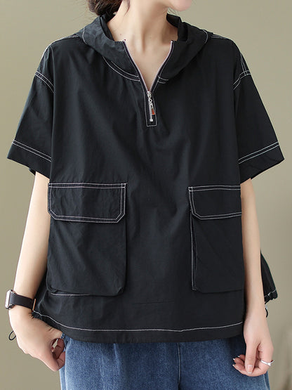 xakxx Loose Short Sleeves Zipper Hooded T-Shirts Tops