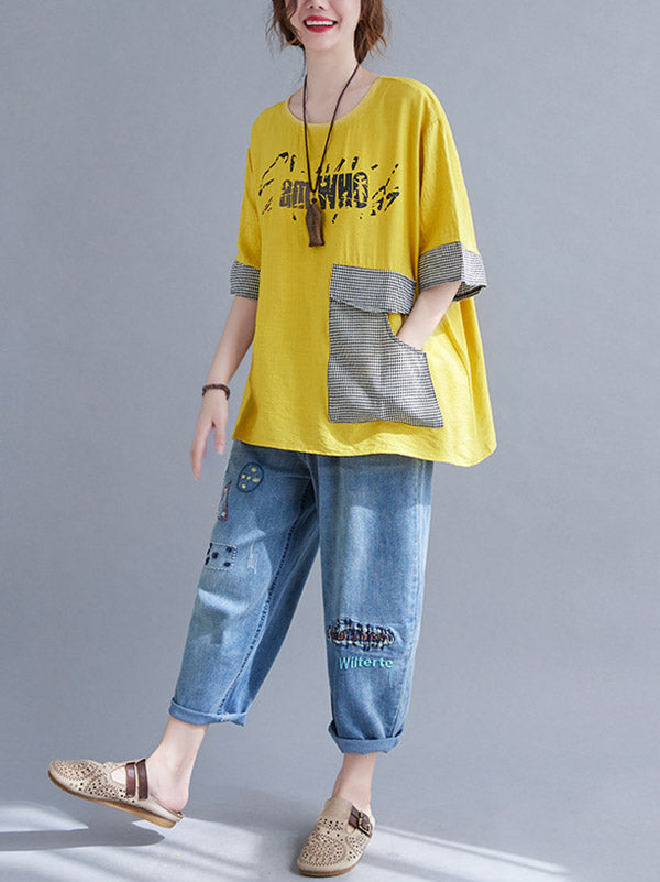 xakxx Original Letter Print Split-Joint Round-Neck T-Shirts Tops