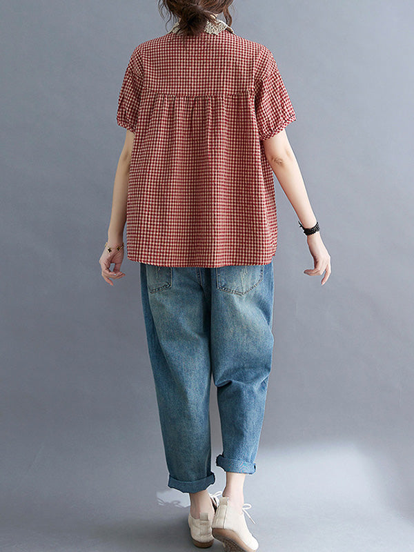 xakxx Cotton Blend Plaid Polo Puff Sleeve T-Shirts Tops