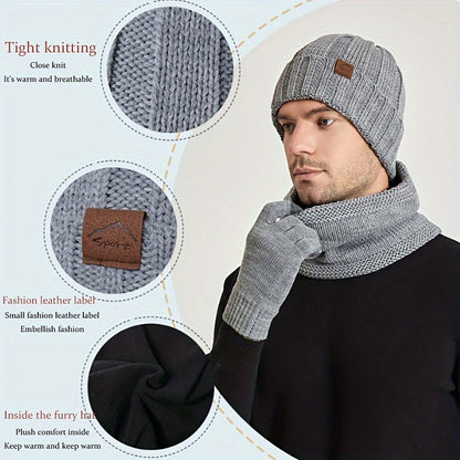 1 Set Unisex Winter Accessories Bundle - Soft Brimless Knitted Hat with Adjustable Rolled Cuff, Warm Scarf, and Full Finger Gloves for Cold Weather Daily Wear - Perfect for Outdoor Activities and Casual Styling