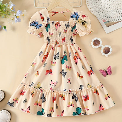 Girls' Summer Princess Dress - Vibrant Butterfly Print, Puff Sleeves & Frilly Details, Party & Beach Ready