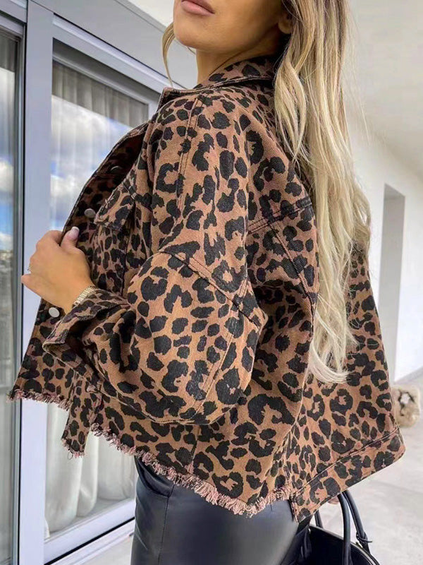 xakxx Long Sleeves Loose Buttoned Fringed Leopard Pockets Lapel Outerwear