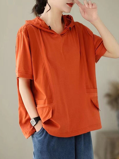 xakxx Hooded Loose Drawstring Solid Color Split-Joint Hooded T-Shirts Tops