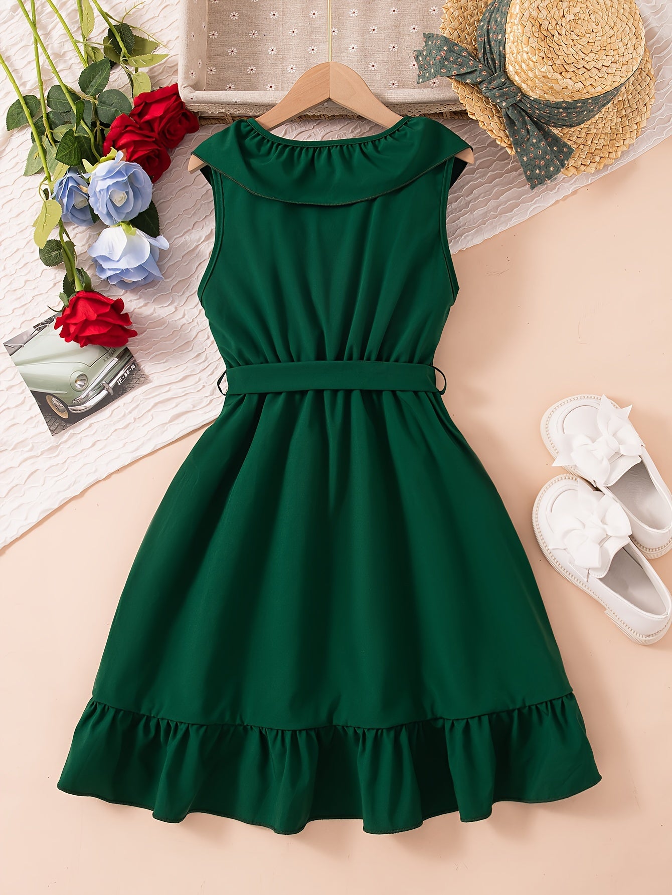 Brief Sleeveless V-Neck Ruffle Trim Dress for Teen Girls - Belted, Fitted, Loose Silhouette, Polyester Fabric, Summer Party Wear - Elegant and Dressy