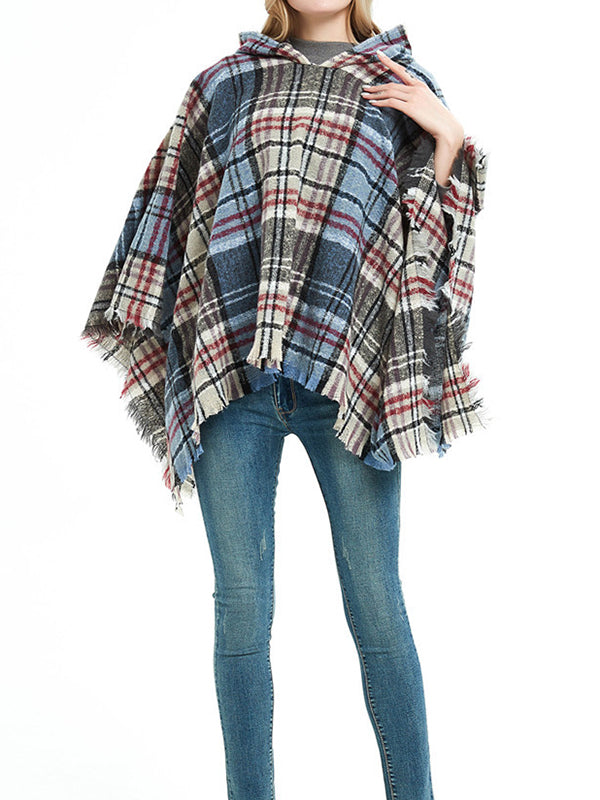 xakxx Fringed Hooded Keep Warm Plaid Cape Shawl&Cloak