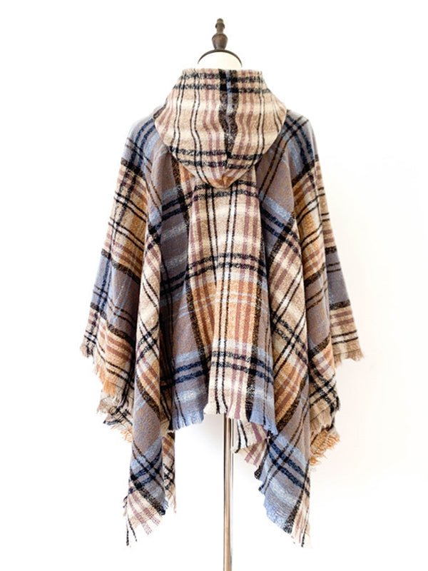 xakxx Fringed Hooded Keep Warm Plaid Cape Shawl&Cloak