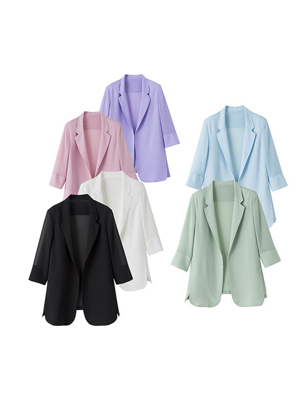 xakxx Long Sleeves Loose Solid Color Split-Side Sun Protection Notched Collar Blazer Outerwear