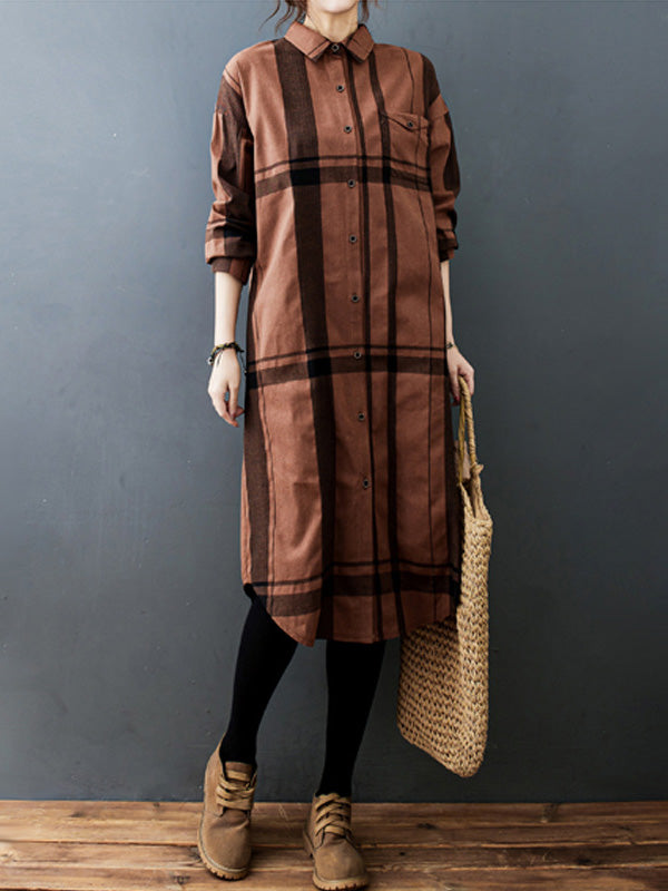 xakxx Vintage Solid Long Sleeve Pleats Blouse Shirt Dress