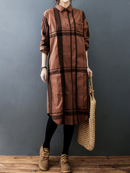 xakxx Vintage Solid Long Sleeve Pleats Blouse Shirt Dress