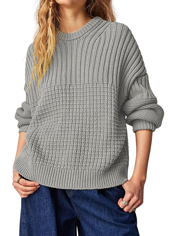 xakxx Long Sleeves Loose Solid Color Round-Neck Pullovers Sweater Tops