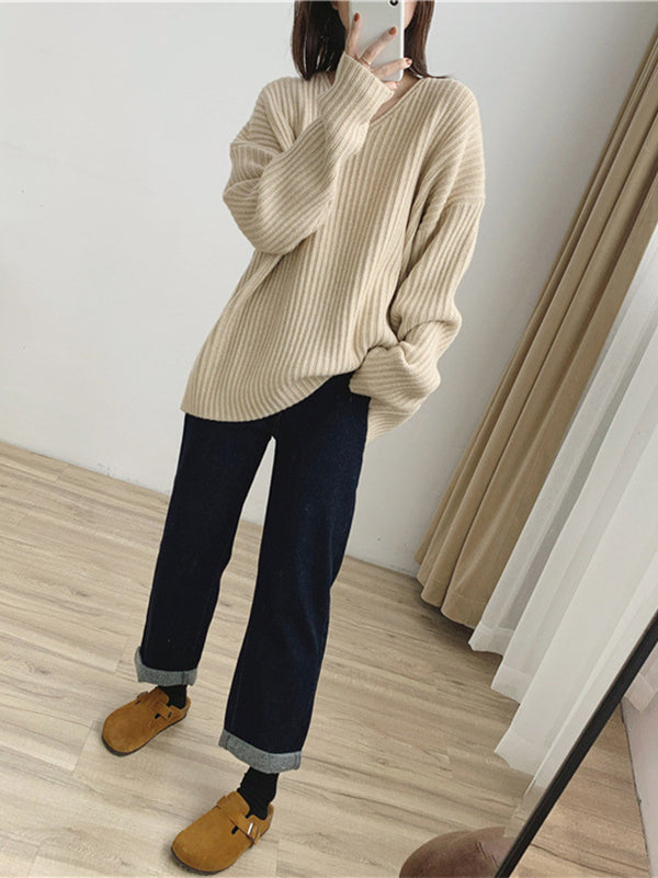 xakxx Casual Long Sleeves Loose Solid Color V-Neck Sweater Tops