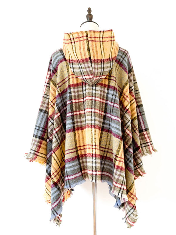 xakxx Fringed Hooded Keep Warm Plaid Cape Shawl&Cloak