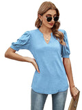 xakxx Simple Solid Color V-Neck Puff Sleeves T-Shirt Top