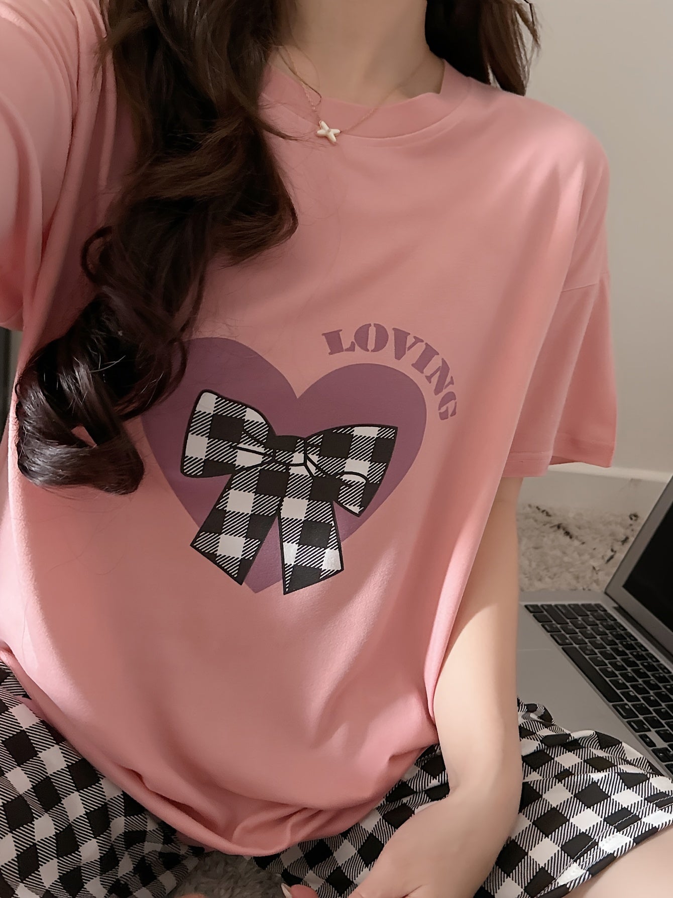 Womens Pajama Set - Adorable Heart & Plaid Bow & Letter Print, Ultra-Casual Loose Fit, Short Sleeve Round Neck Top & Shorts, Comfortable Relaxed Fit for a Restful Sleep - Complete Set for a Coordinated Look