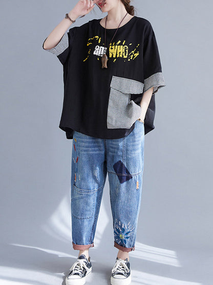 xakxx Original Letter Print Split-Joint Round-Neck T-Shirts Tops