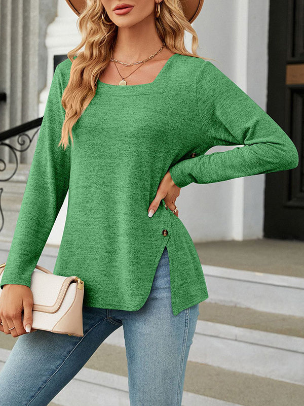 xakxx Long Sleeves Loose Asymmetric Buttoned Solid Color Split-Side Square-Neck T-Shirts Tops