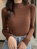 xakxx Casual Skinny Long Sleeves Solid Color High-Neck Sweater Tops