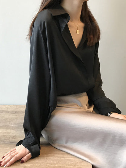 xakxx Satin V-Neck Loose Solid Color High-Low Long Sleeve Shirts