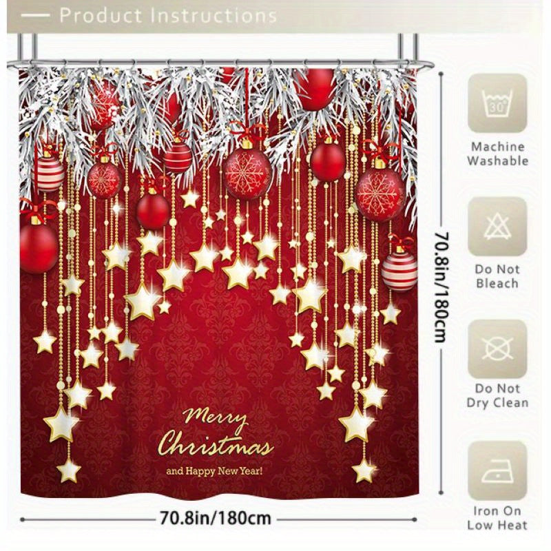 1/3/4pcs Red Background Christmas Style Bathroom Shower Curtain Four-piece Set, Decoration Curtain With 12 Hooks, Toilet Three-piece Set, Non-Slip Bathroom Rug, Toilet U-Shape Mat, Toilet Lid Cover Pad