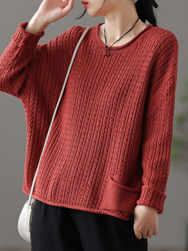 xakxx Artistic Retro Loose Long Sleeves Jacquard Solid Color Round-Neck Sweater Tops