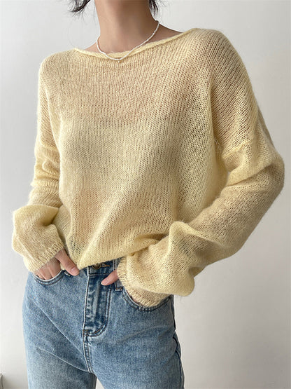 xakxx Gentle Mohair Knitted Loose Long Sleeves Solid Color Thin Sweater Tops