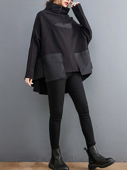 xakxx Casual Loose Split-Joint High-Neck Long Batwing Sleeves T-Shirt