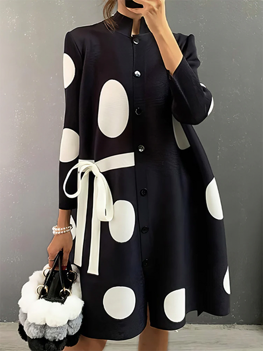 xakxx Long Sleeves Loose Asymmetric Buttoned Polka-Dot Tied Mock Neck Jackets&Coats Midi Dresses Outerwear