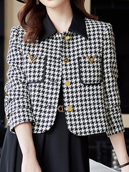 xakxx Long Sleeves Plus Size Buttoned Houndstooth Pockets Split-Joint Lapel Outerwear