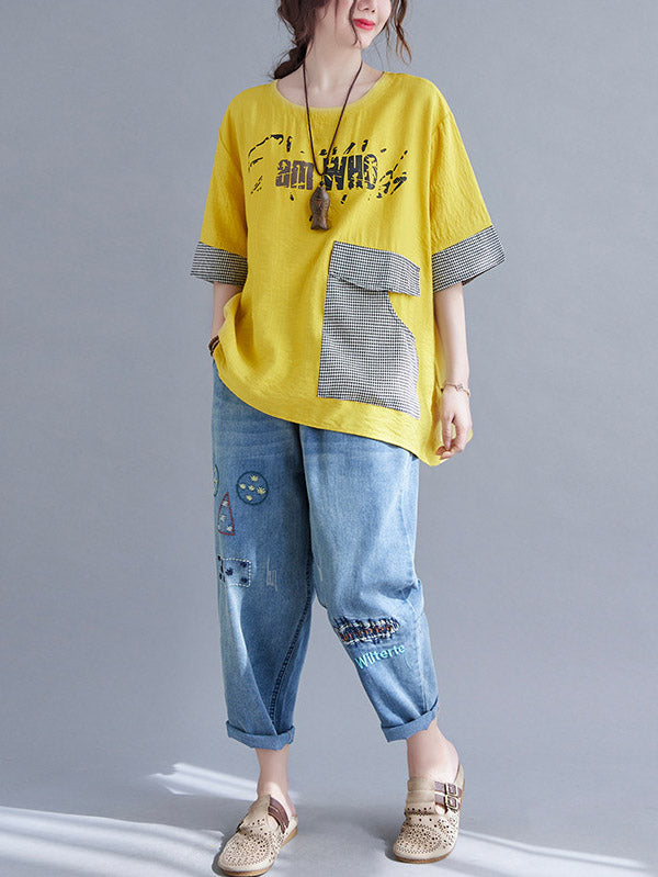 xakxx Original Letter Print Split-Joint Round-Neck T-Shirts Tops