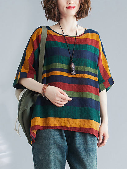 xakxx Rainbow Stripe Batwing Sleeves T-Shirts Tops