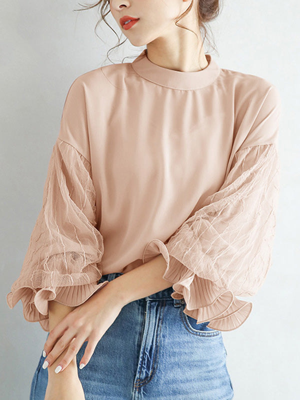 xakxx Simple Solid Color Puff Sleeve Mesh Splicing Chiffon Shirt