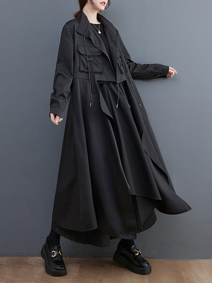 xakxx Loose Long Sleeves Drawstring Split-Joint Lapel Trench Coats