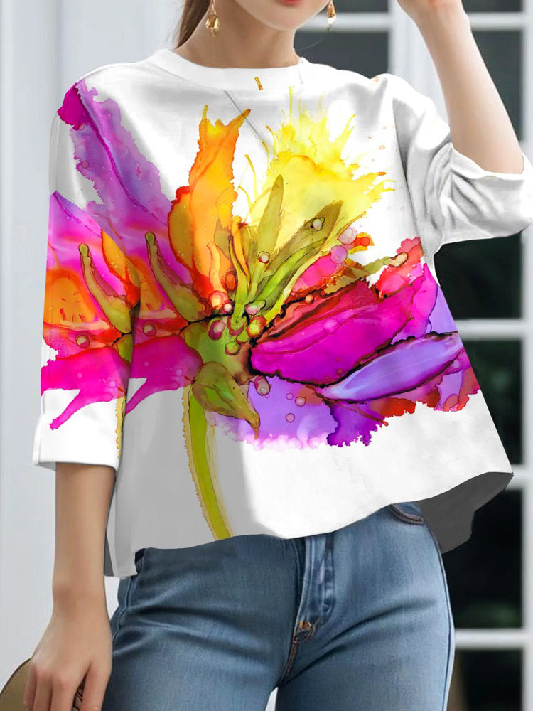 xakxx Loose Three-Quarter Sleeves Contrast Color Flower Print Round-Neck T-Shirts Tops