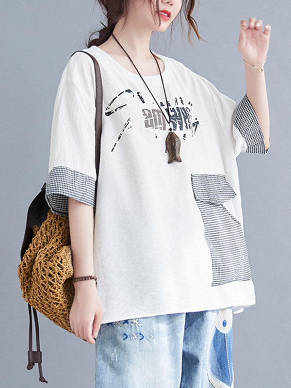 xakxx Original Letter Print Split-Joint Round-Neck T-Shirts Tops