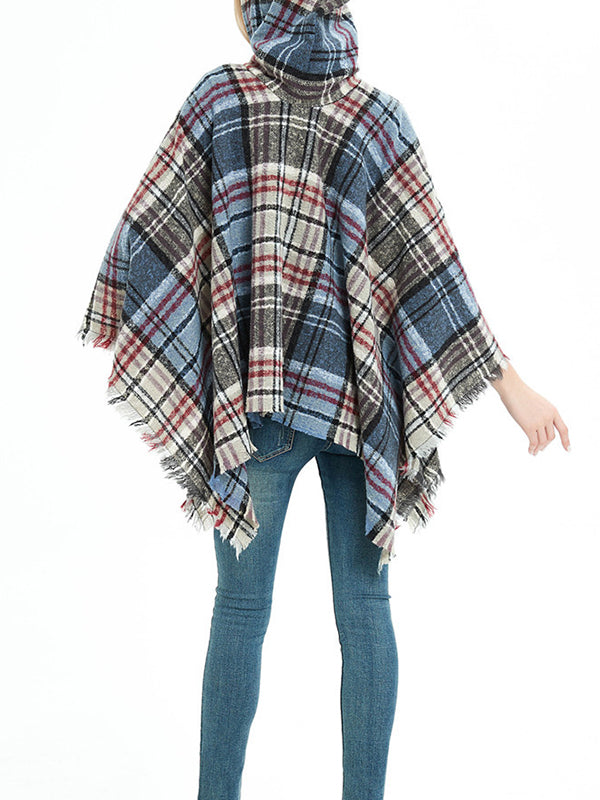 xakxx Fringed Hooded Keep Warm Plaid Cape Shawl&Cloak