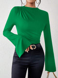 xakxx Flared Sleeves Long Sleeves Pleated Solid Color Boat Neck Skinny T-Shirts