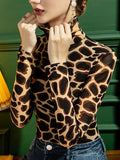 xakxx Long Sleeves Skinny Leopard High-Neck T-Shirts Tops