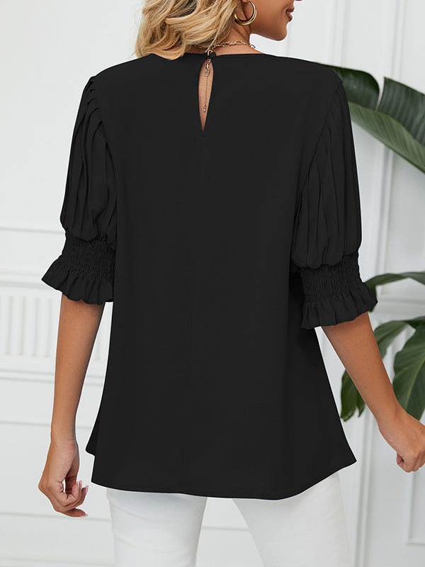 xakxx Loose Puff Sleeves Pleated Solid Color Round-Neck T-Shirts Tops