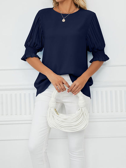 xakxx Loose Puff Sleeves Pleated Solid Color Round-Neck T-Shirts Tops