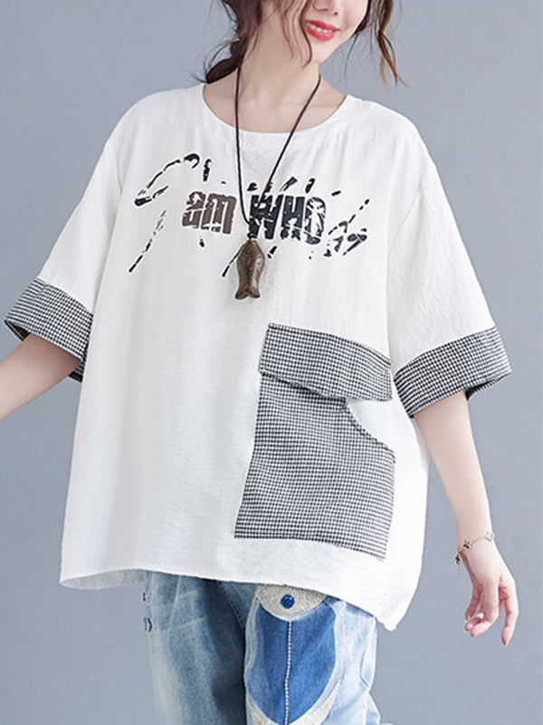 xakxx Original Letter Print Split-Joint Round-Neck T-Shirts Tops